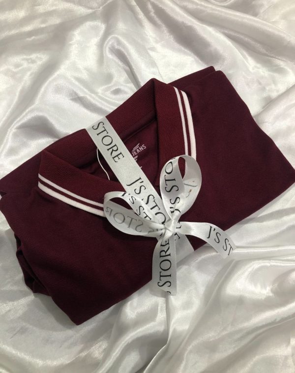 Maroon Plain Polo Shirt with White Collar Stripes and J's Store Ribbon on White Silk Background