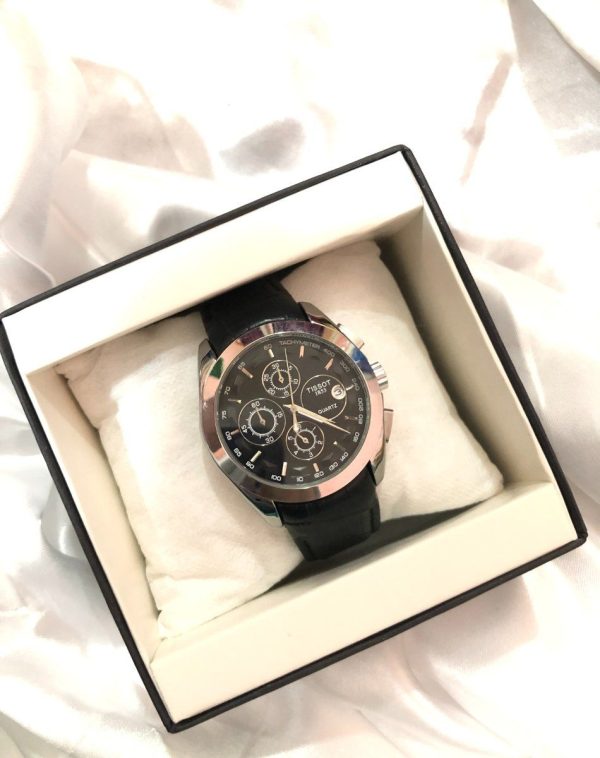 Tissot SuperSport Chrono Black Watch - A black dial chronograph watch with silver accents, stainless steel outer part, and black leather strap.