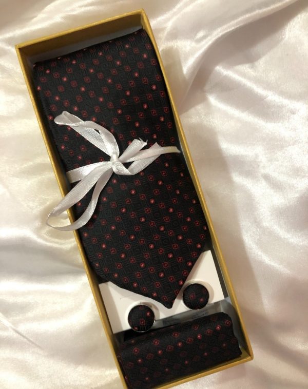 Matching Embroidered Tie, Cuff-links, and Pocket Square Set - Stylish accessory set for a curated gift box.