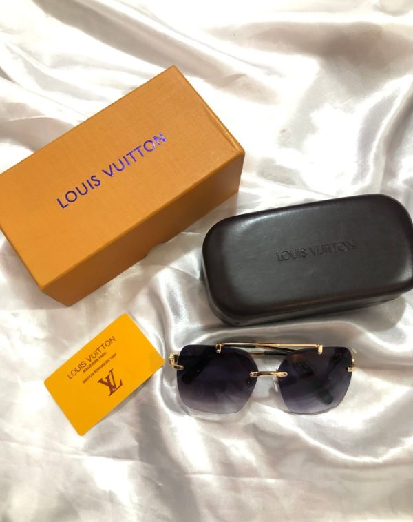 Square-shaped LV sunglasses with black gradient lenses and detailing, presented in a branded box with accessories.