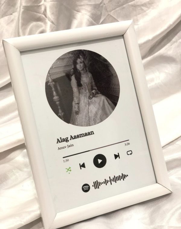 Custom Spotify Scannable Frame – Side View on White Silk Background, Personalized Image, and Spotify Player Details