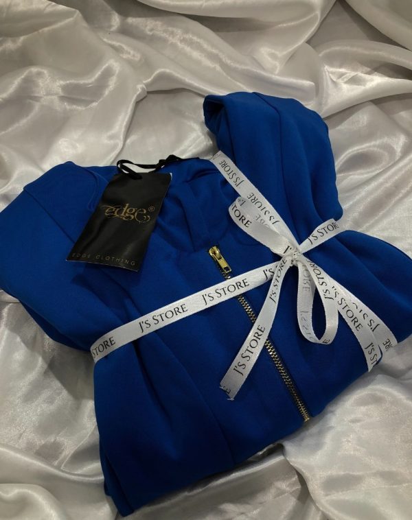 Blue peplum blazer with black ribbon, women's fashion, statement piece, workwear, party wear, J's Store.