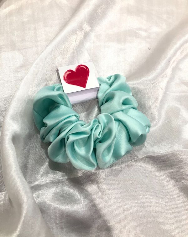 Aqua scrunchie with red heart card, hair accessory, hair tie, scrunchie style, fashion, cute hairdo, J's Store.