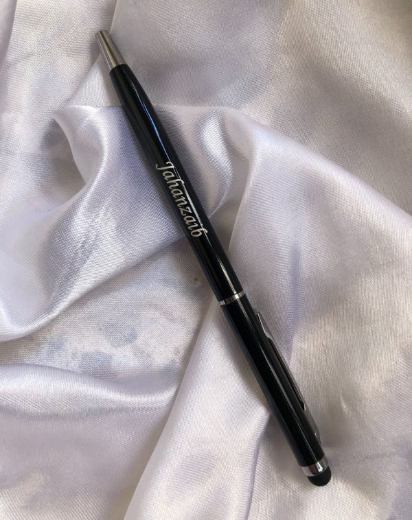 J's Store Black & Silver Name Engraved Pen, personalized elegance resting on a crisp white background.