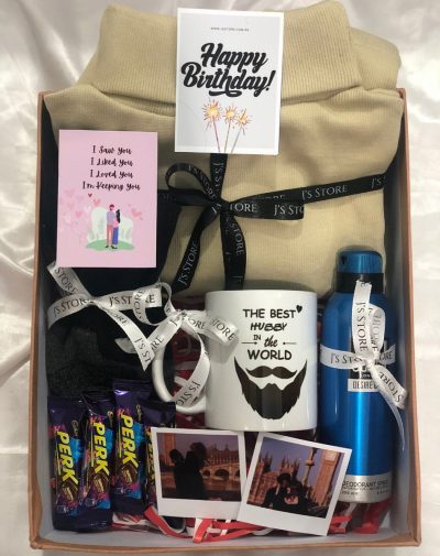 's Store Men's Winter Comfort & Gift Box, personalized birthday hamper, cozy turtleneck, custom mug, treats, polaroid fun, comfy socks, stylish deodorant, festive packaging