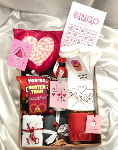 J's Store Cupid & Cuddle Gift Box: Cozy Moments Made with Heart Line Art Tee, Sleek Leather Wallet, Romantic Coffee Mug, Flaming Hot Doritos, XOXO KitKat, Heart Marshmallow, Dunhill Desire Red, & Valentine's Day Bingo