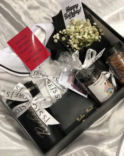 The Indulgence Gift Box For Him - Luxurious curated box with bouquet, coffee, cookies, polo, and wallet.