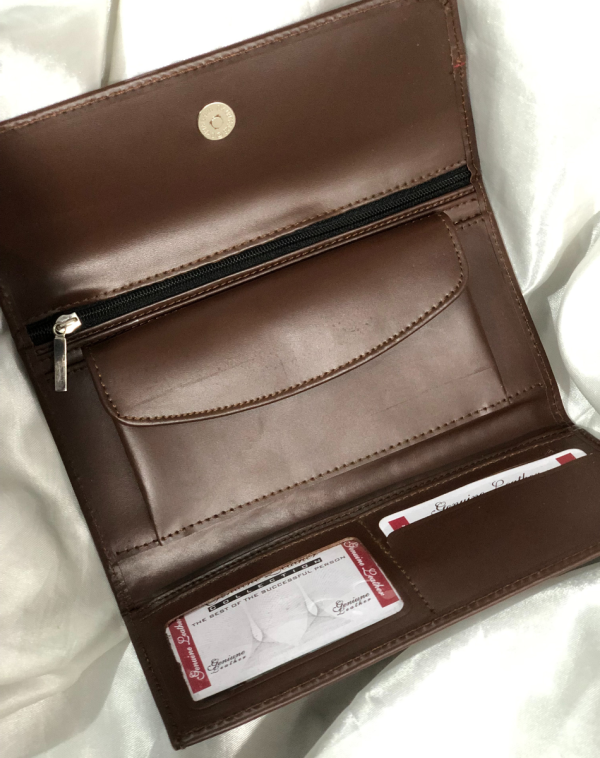 Dark Brown Classic Carry Leather Wallet with multiple card slots and pockets inside.