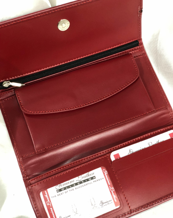 Red Classic Carry Leather Wallet with multiple card slots and pockets inside.
