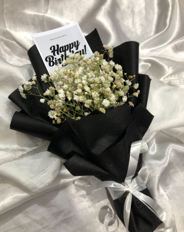 Birthday Bouquet - Vibrant mix of baby's breath in a black fabric wrap, perfect birthday gift.