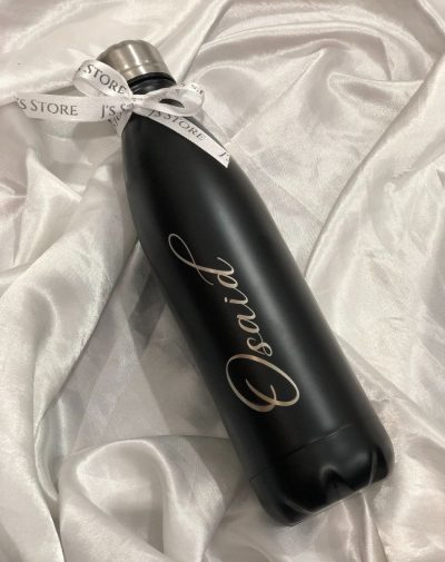 Black stainless steel water bottle with J's Store logo and customized name engraving.