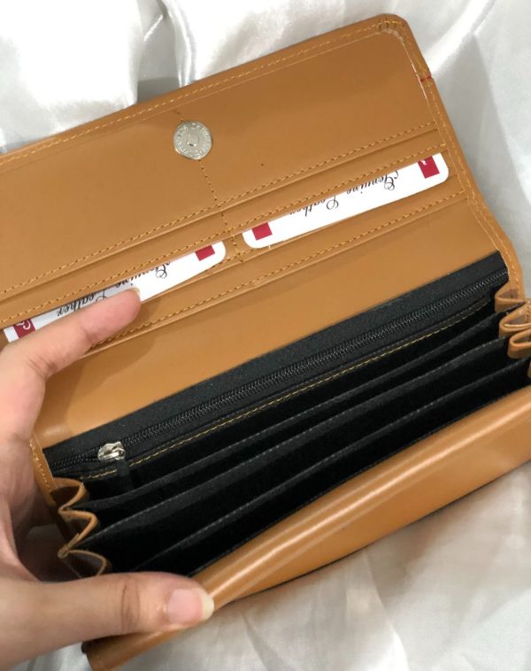 Camel Timeless Leather Wallet with multiple card slots and pockets inside.