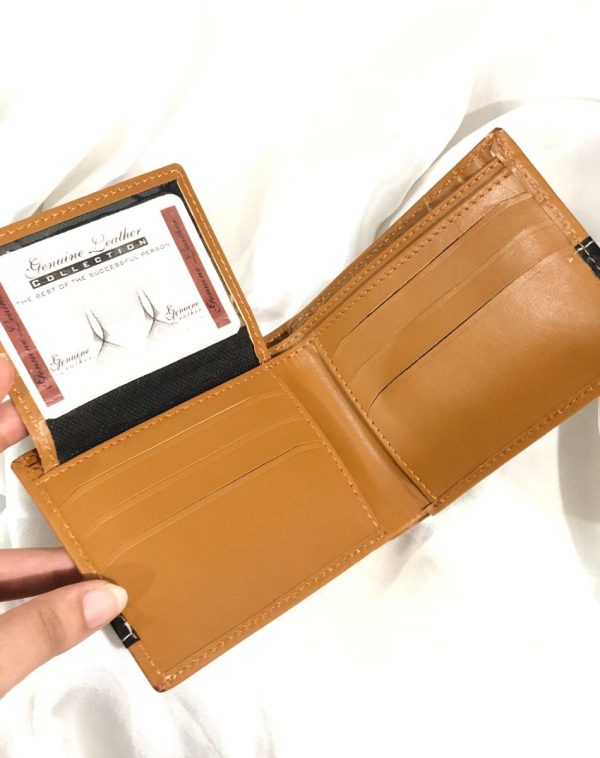 The flap of Camel Crocodile Leather Wallet For Men has been lifted to reveal more card slots.