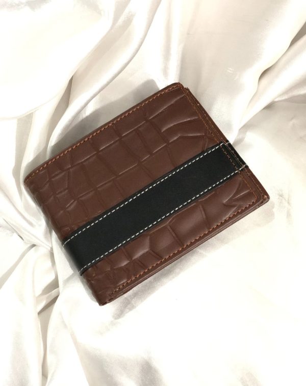 J's Store Crocodile Leather Wallet For Men in Dark Brown, with a black strip stitched over it for its enhancement. The wallet has a crocodile pattern embossed over it, which is making it an ideal choice for you to buy for your regular use.