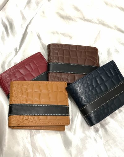 Crocodile Style Leather Wallet For Men in blue, tan, brown, and red, featuring a stylish black stripe.
