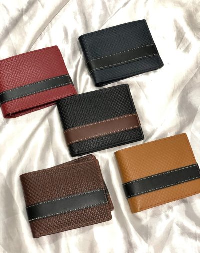Textured Leather Wallet for Men in different colors, including red, black, brown, and tan, displayed on a white fabric background.