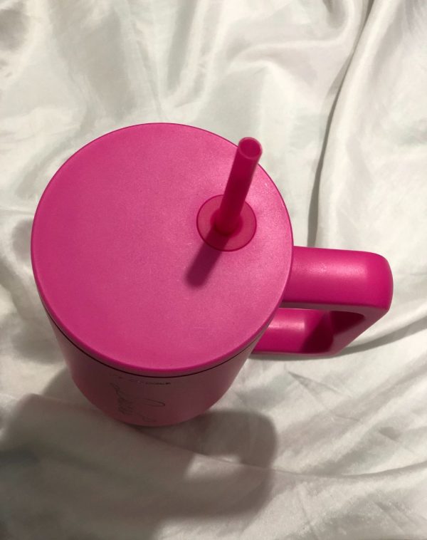 Top view of the Shocking Pink Quencher Tumbler showcasing the straw lid and convenient handle.