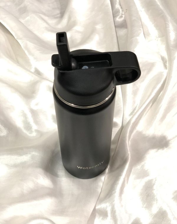 Black Watermly Hydrator Pal bottle with a flip-top lid, offering a convenient and secure drinking experience.