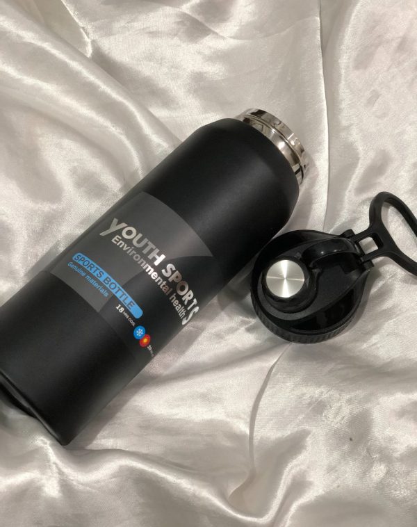 Black Youth Sports 18-Hour Insulated Sports Bottle from J's Store, shown open with lid and carabiner clip visible.