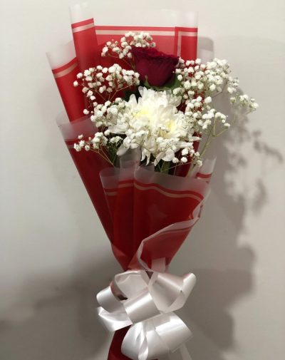 Rose & Chrysanthemum Bouquet – A charming floral arrangement featuring a single red rose, fresh white chrysanthemums, and delicate baby's breath, wrapped in red paper with a white ribbon.