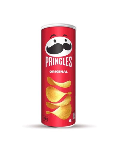 A large red can of Pringles - Original 165g showing the brand mascot and stackable chips.