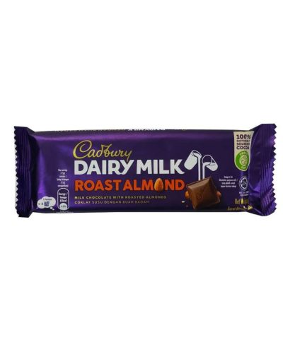 Cadbury Dairy Milk Roast Almond 90g chocolate bar in purple packaging.