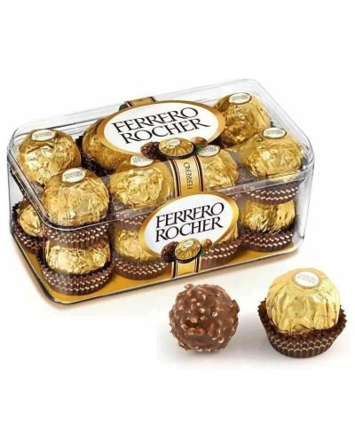 Ferrero Rocher T16 clear plastic gift box containing sixteen gold-wrapped hazelnut chocolates.