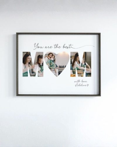 The "MOM" Heart Collage Frame featuring personalized family photos for Mother’s Day from J’s Store.