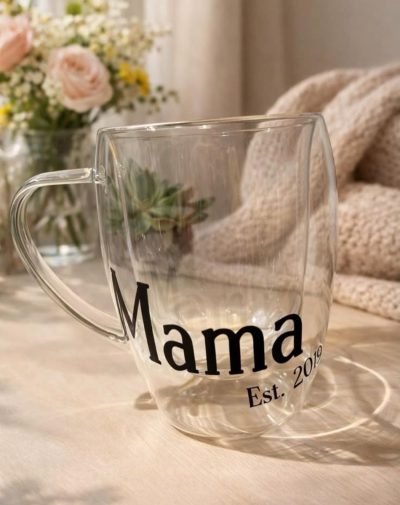 Double Walled Motherhood Milestone Mug clear aesthetic glass with "Mama Est. 2019" design from J’s Store.