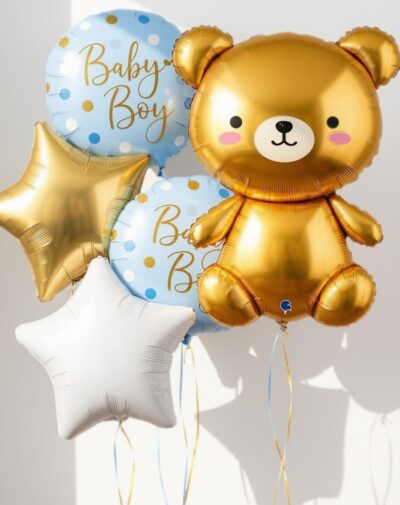 Baby Boy Teddy Star Bundle golden teddy bear light blue polka dot baby boy and star foil balloons bouquet from J's Store