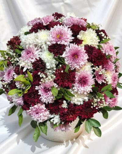 Berry Blush Dome flower arrangement featuring burgundy pink and white chrysanthemums from J's Store