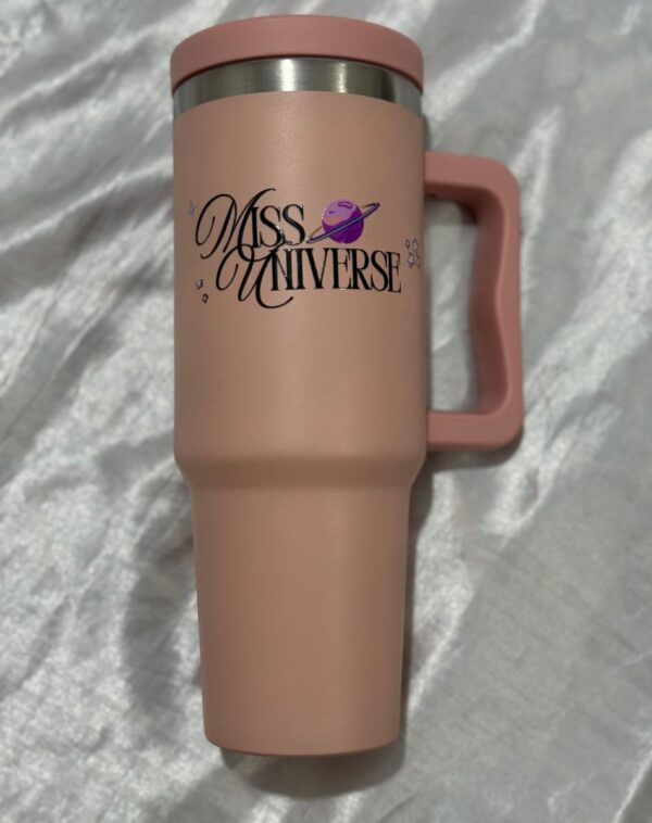 Blush Pink Insulated Travel Tumbler front view with Miss Universe custom print from J's Store included in Blushing Elegance Romance