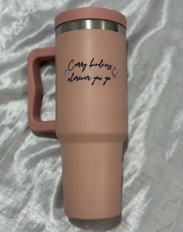 Blush Pink Insulated Travel Tumbler Back view with Carry kindness quote from J's Store included in Blushing Elegance Romance