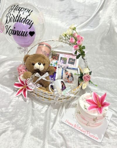 lushing Elegance Romance luxury hamper featuring teddy bear custom tumbler mug frame chocolates bobo balloon and pink lily cake from J's Store