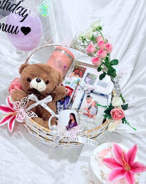 Blushing Elegance Romance closeup showing plushie teddy bear custom photo mug tumbler and frame in floral wooden basket from J's Store