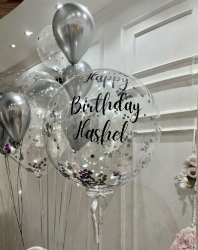 Confetti Customized Balloon clear bobo balloon filled with silver metallic confetti and black vinyl birthday text from J's Store