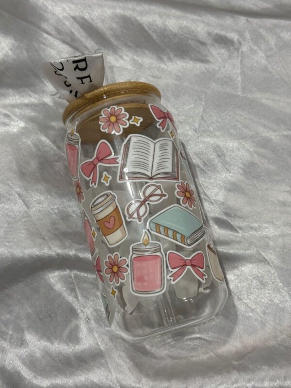 Cozy Bookish & Coffee Glass Can Tumbler with bamboo lid and straw from J's Store included in The Grand Wardrobe & Keepsake