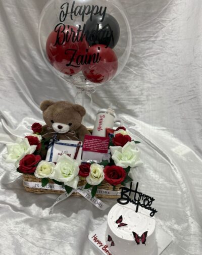 Crimson & Velvet Elegance Luxury Crate hamper featuring teddy bear custom tumbler notebook skincare chocolates bobo balloon and butterfly cake from J's Store