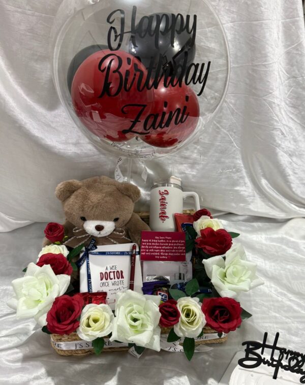 Crimson & Velvet Elegance Luxury Crate Close-up showing Velvet Cuddle Bear custom tumbler notebook and rose arrangement from J's Store