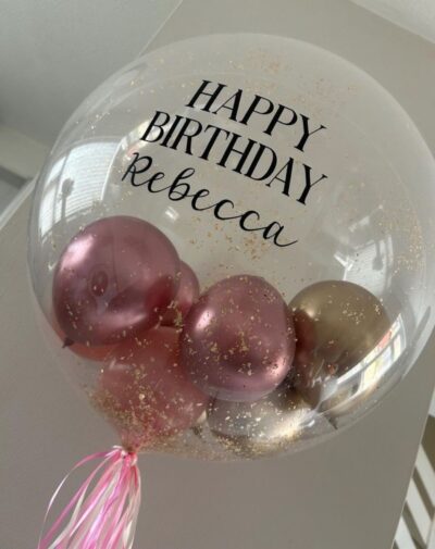 Foil Bubble Balloon clear stuffed balloon filled with metallic rose gold mini balloons gold glitter and custom name script from J's Store