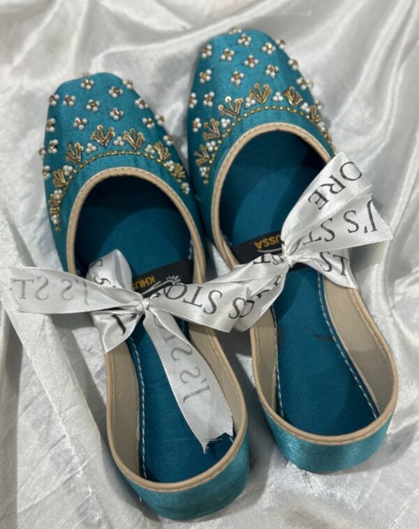 Hand-Embellished Velvet Khussa in turquoise with gold sequin and pearl detail from J's Store