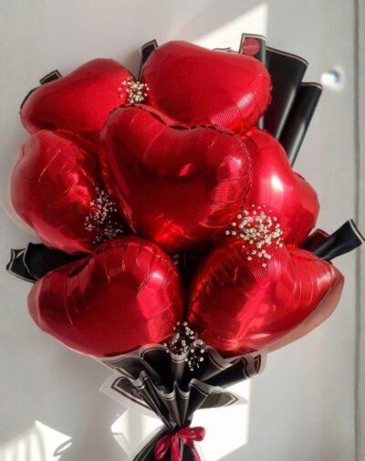 Heart Foil Baby's Breath Bouquet metallic red heart foil balloons with delicate white baby's breath flowers in black paper wrapping from J's Store