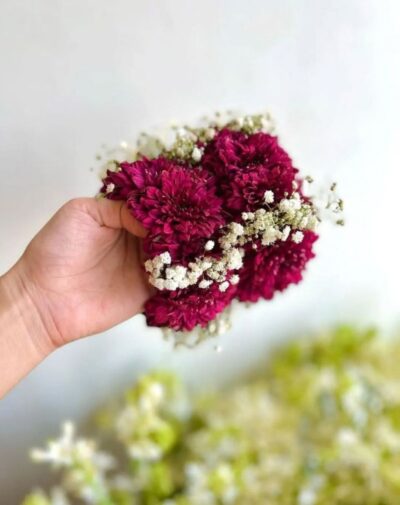 Maroon Petal Gajra wrist accessory featuring deep maroon chrysanthemums and baby's breath from J's Store