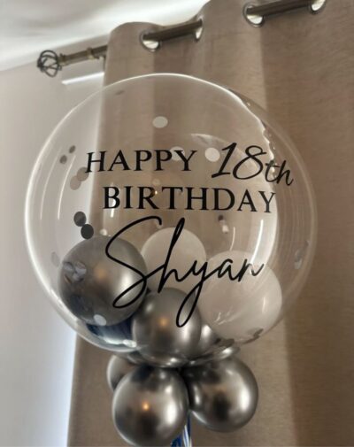 Monochrome Luxe Bubble Balloon clear stuffed bobo balloon with metallic silver black mini balloons and custom name vinyl script from J's Store