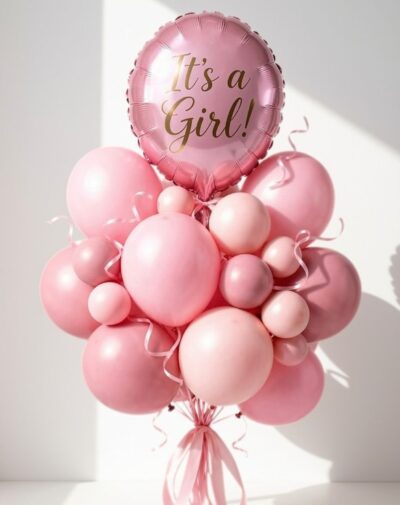 Newborn Girl Balloon Bundle metallic pink It's a Girl foil balloon atop blush pink multi sized latex balloons cluster from J's Store