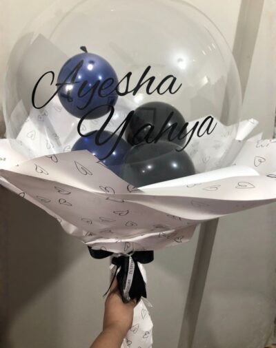 Personalized Inner Balloon Bouquet clear stuffed bobo balloon with metallic blue black mini balloons and custom name script wrapped in heart paper from J's Store