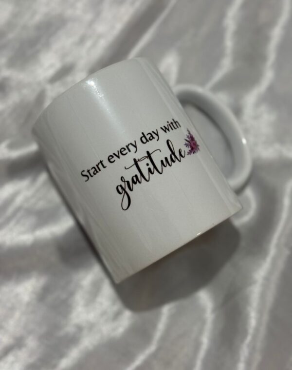 Personalized Photo & Gratitude Ceramic Mug Back view with Start every day with gratitude quote from J's Store included in Blushing Elegance Romance