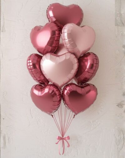 The Blush & Rose Heart Bunch metallic rose pink and pastel blush heart foil balloons bouquet tied with ribbon from J's Store