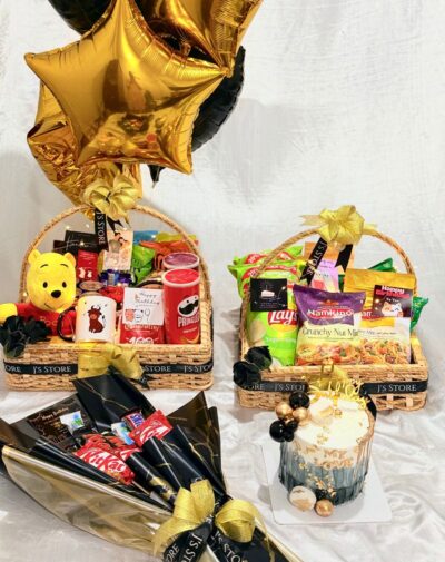 The Eternal Treasure mega gift hamper featuring jute baskets red velvet cake chocolate bouquet helium foil balloons and Winnie the Pooh plushie from J's Store