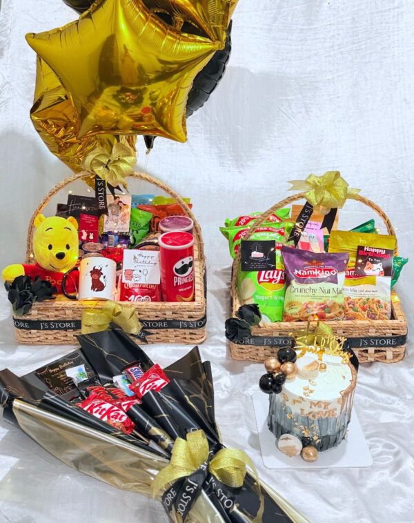 The Eternal Treasure alternative layout showing two jute baskets filled with snacks drinks and plushie with chocolate bouquet and cake from J's Store